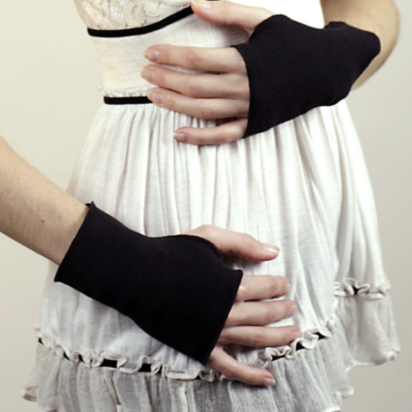 Black Cotton Fingerless Gloves Cut Off Finger Holes Smoking Texting Cycling - Picture 2 of 2